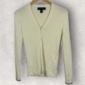 St. John Knit Wool Cardigan Cream V-Neck Size Small Contrast Cuff Trim Santana S